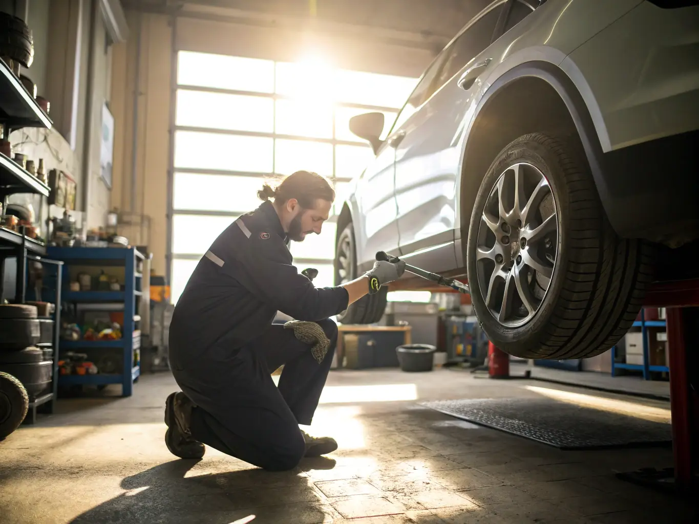 A mechanic performing scheduled maintenance on a car, with various tools and equipment neatly arranged around the vehicle.