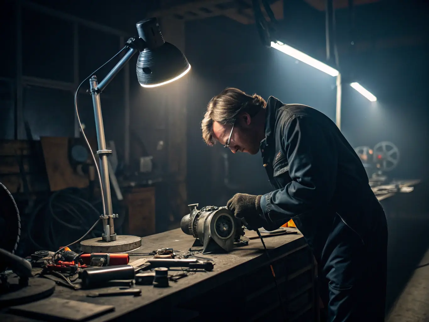 A turbocharger being disassembled and cleaned on a workbench, highlighting the meticulous process of turbo overhaul and the specialized tools used.