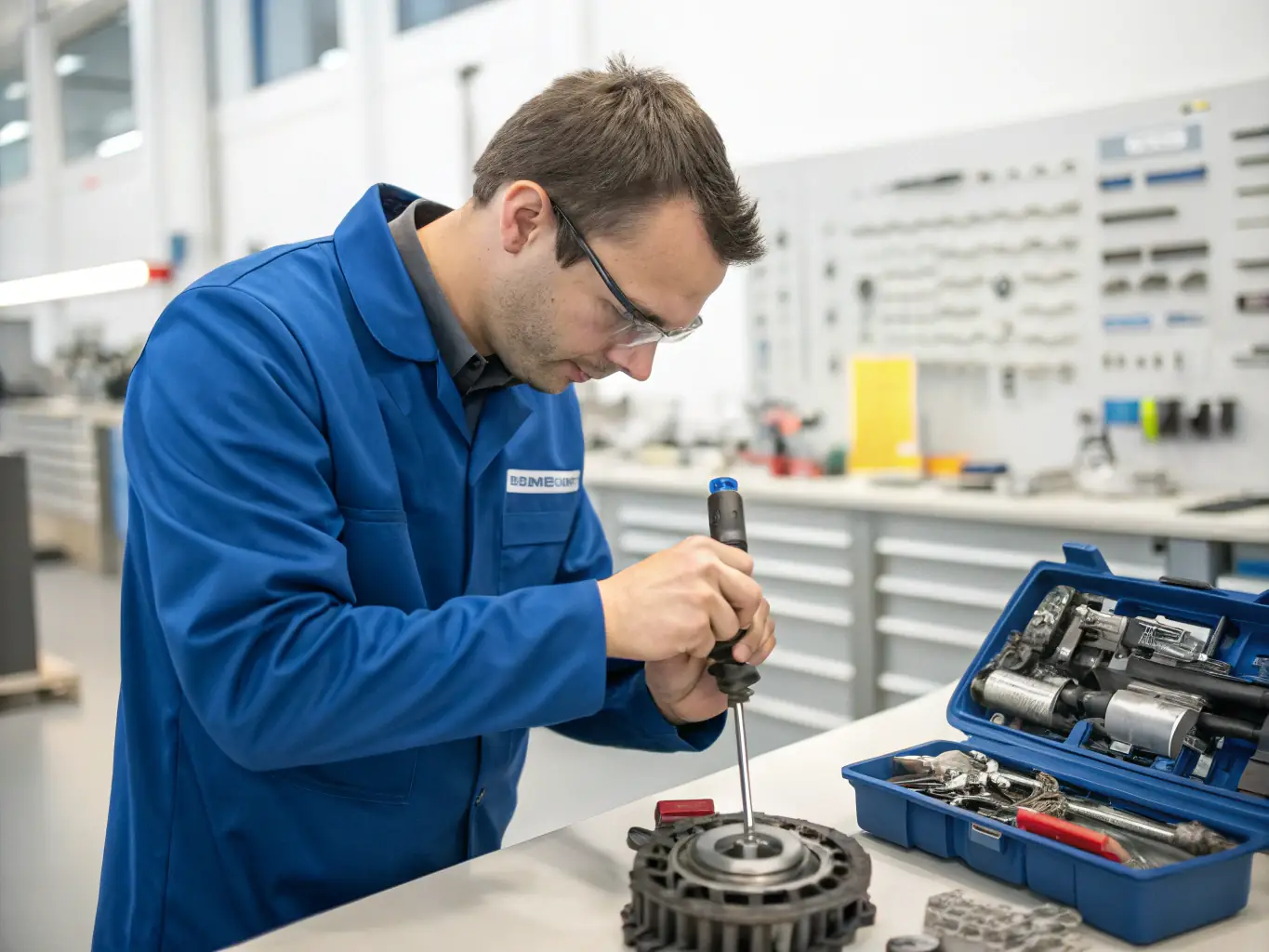A close-up shot of a mechanic's hands working on the internal components of an automatic transmission, showcasing the intricate details and precision required for servicing.