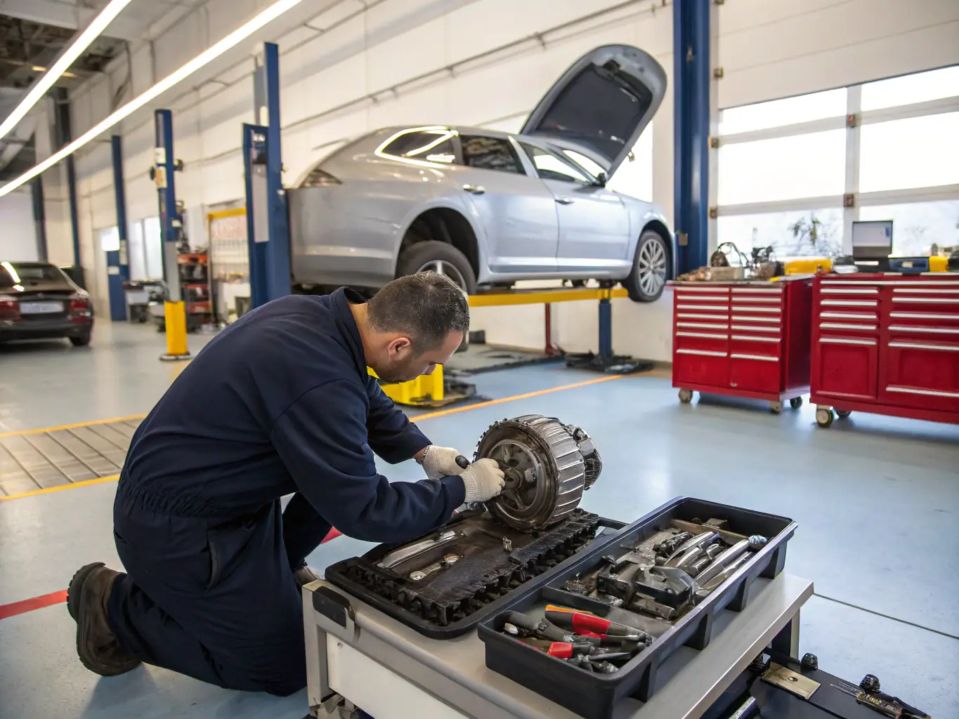 A mechanic is shown carefully inspecting the gears and components of a manual transmission during an overhaul at Bozok Garage.